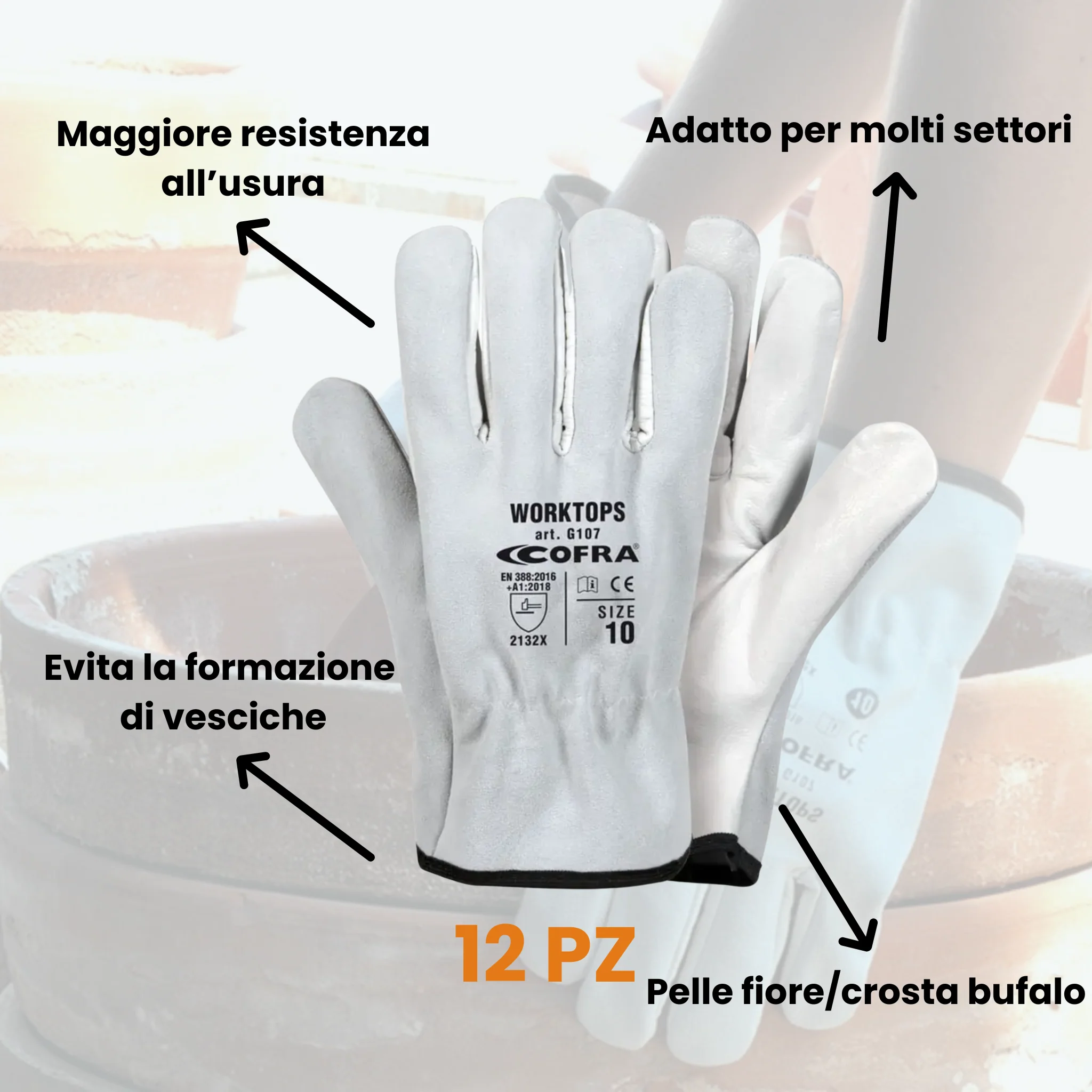 Worktops G107 Guanto Cofra protettivo in pelle fiore/crosta bufalo - Image 2